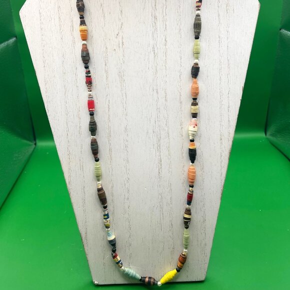Handmade Rolled Paper Bead Necklace Long Continuous Strand Upcycled Bohemian - Picture 2 of 10